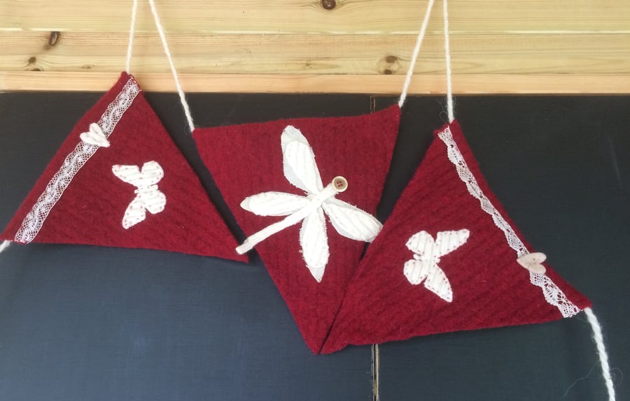 Red Wool Bunting with applique flowers & butterflies 