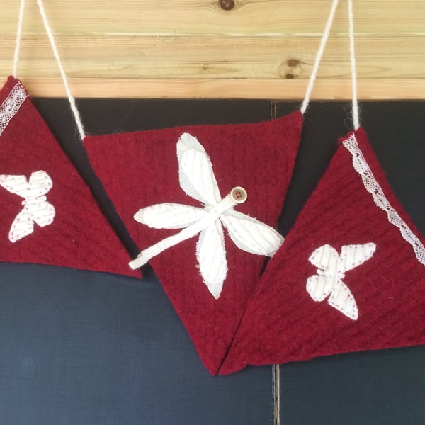Red Wool Bunting with applique flowers & butterflies 