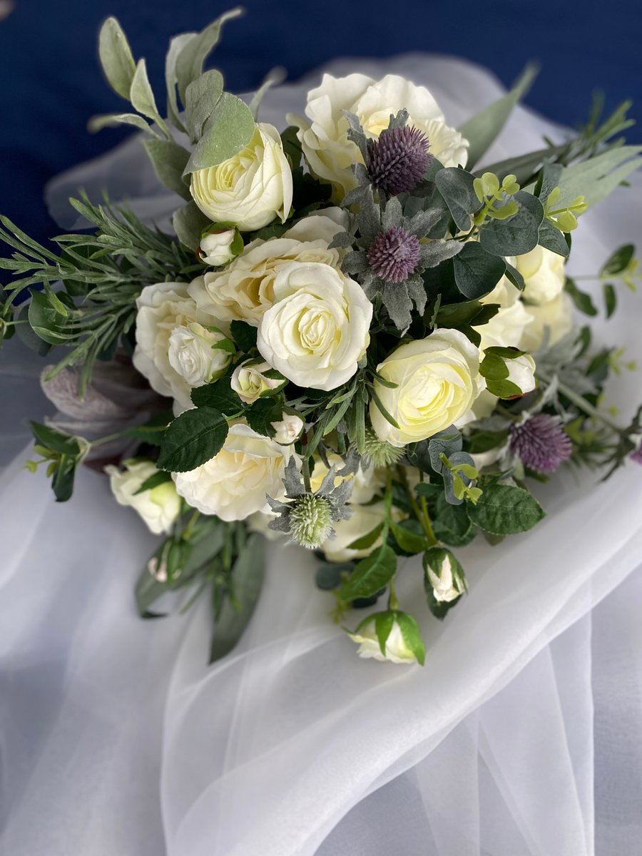 Boho rose wedding flowers, silk rose wedding flowers Blue thistle bridal bouquet