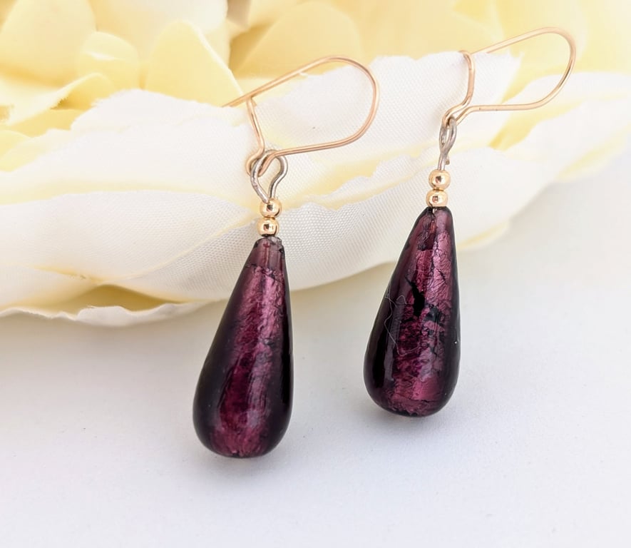 Dark Amethyst Murano Glass Earrings, Silver Foiled, Gold-Filled Beads, Ear Wires