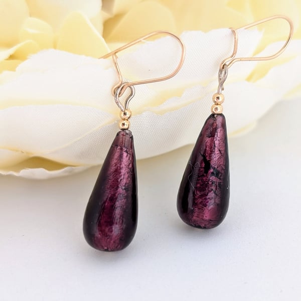 Dark Amethyst Murano Glass Earrings, Silver Foiled, Gold-Filled Beads, Ear Wires