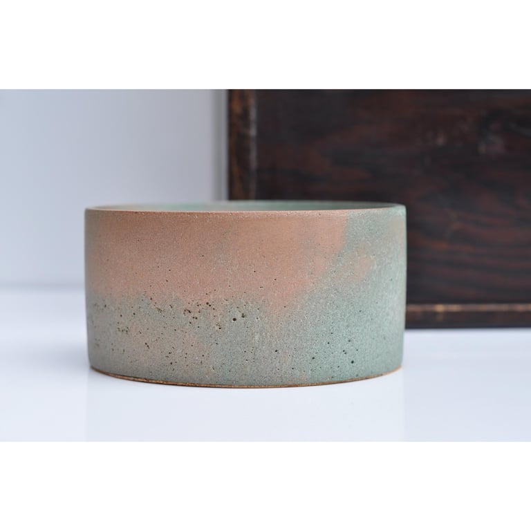 Small Concrete Bowl: NEW Handmade Minimalist Cylinder Jewelry Dish Green and Ora