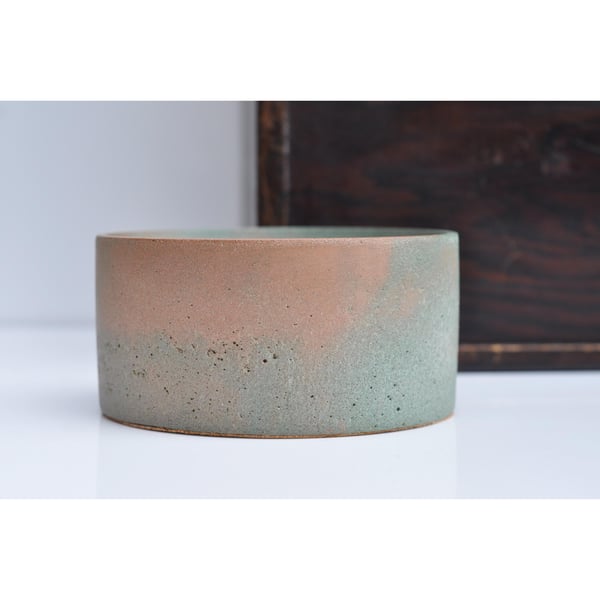 Small Concrete Bowl: NEW Handmade Minimalist Cylinder Jewelry Dish Green and Ora