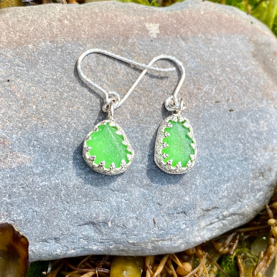 Emerald Green Sea Glass  and Sterling Silver Drop Earrings - 1339