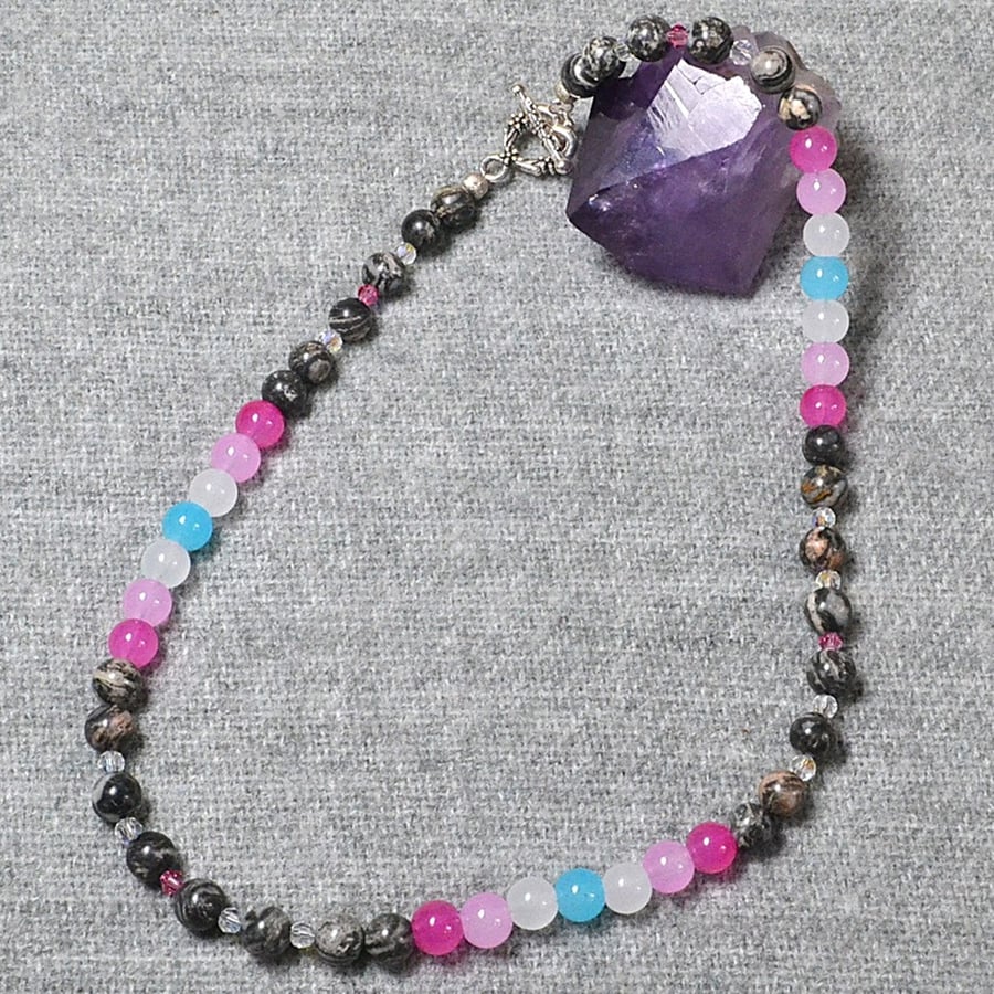 Femboy Pride Necklace with Glass and Grey-Marbled Stone Beads and Tiny Crystals 