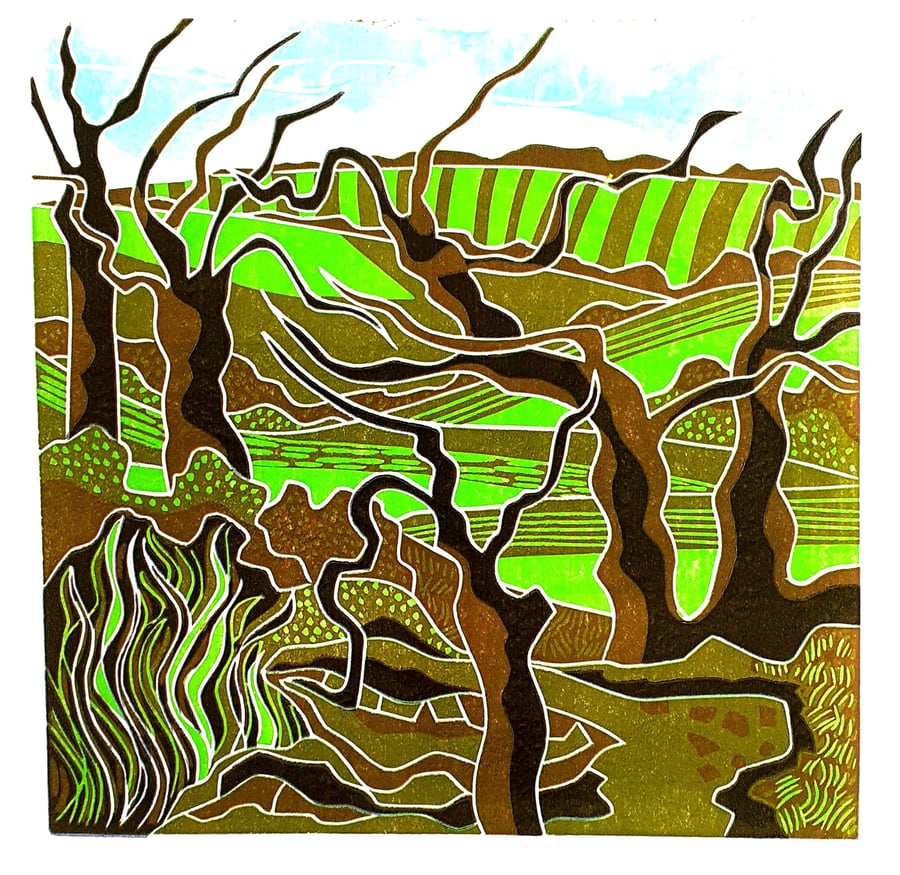 Linocut landscape, `Wind Dance`.