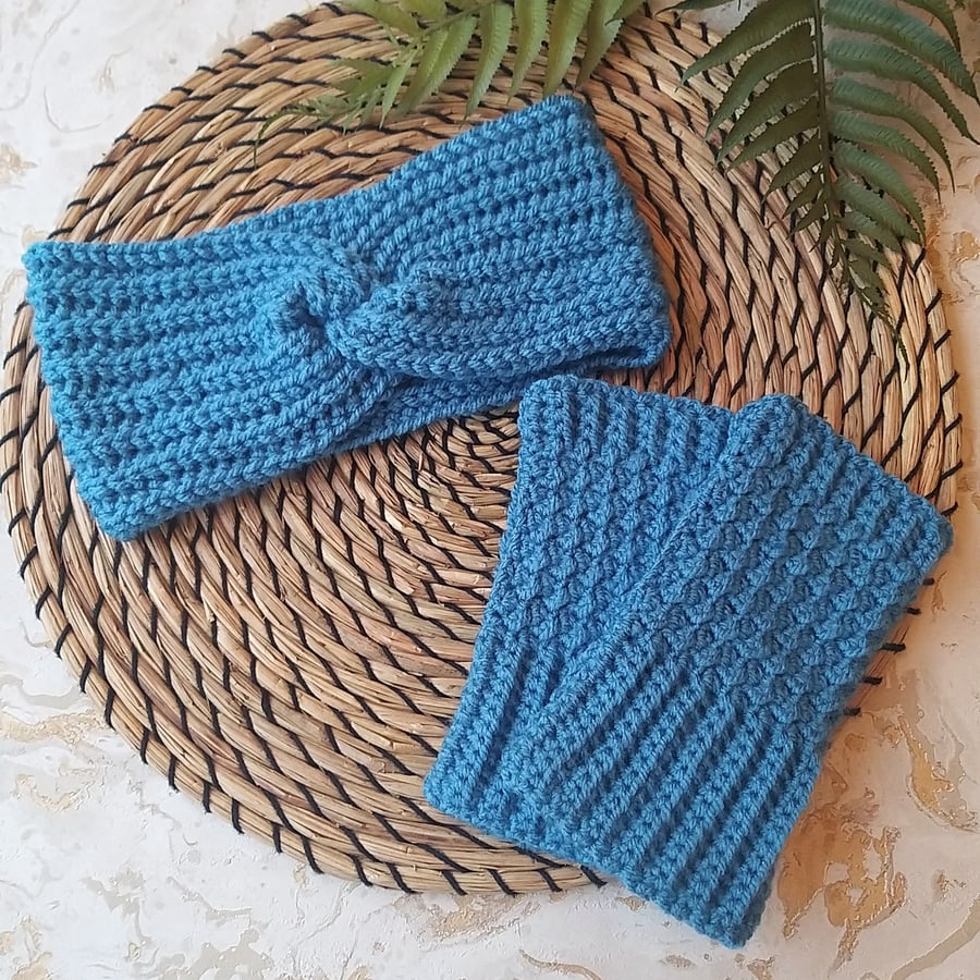 Crochet Ear Warmer Headband & Fingerless Mitts Set Cornish Blue