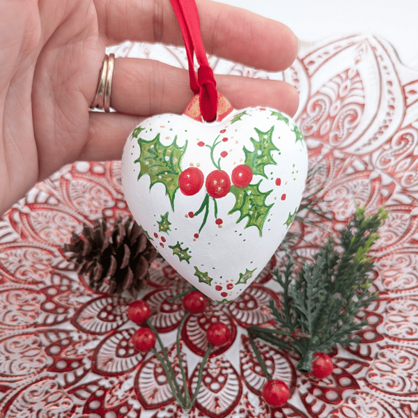 Holly berry hand-painted ceramic heart bauble