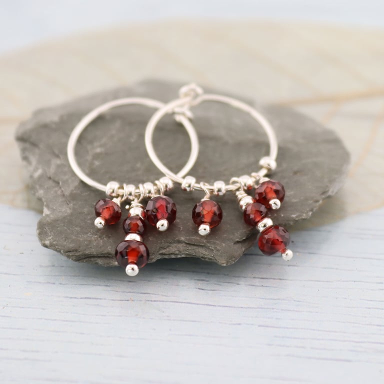 Slim silver Hoops with garnet and silver beads