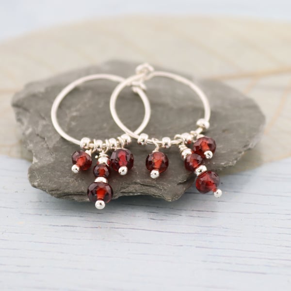 Slim silver Hoops with garnet and silver beads
