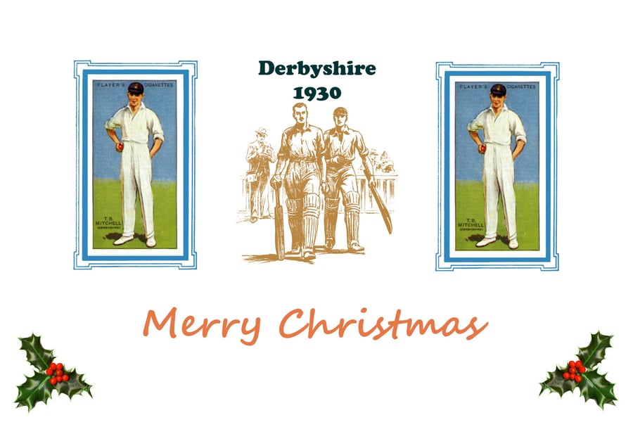 Christmas card cricket vintage 1930 design. Derbyshire,T B Mitchell. FREE UK P&P