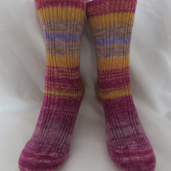 Hand-cranked Knitted Ribbed Wool Socks Size 4 to 5