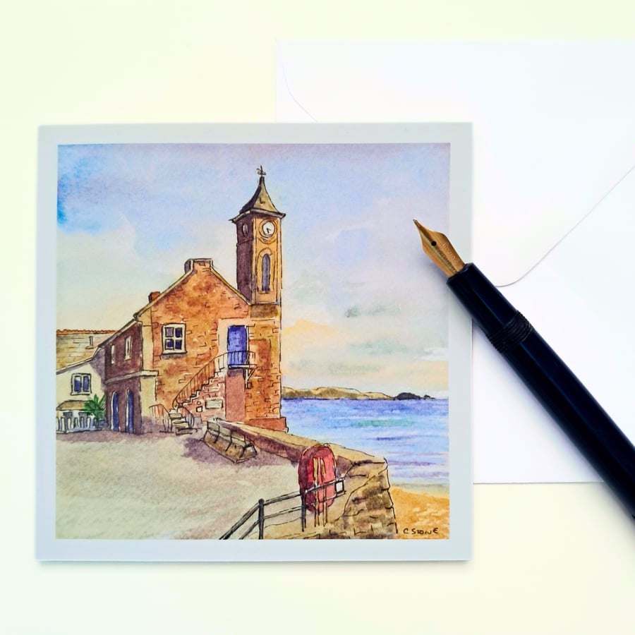 Blank Square Greetings Card Kingsand Clock Tower Cornwall From Original Painting