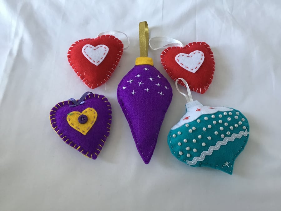Five felt tree decorations 
