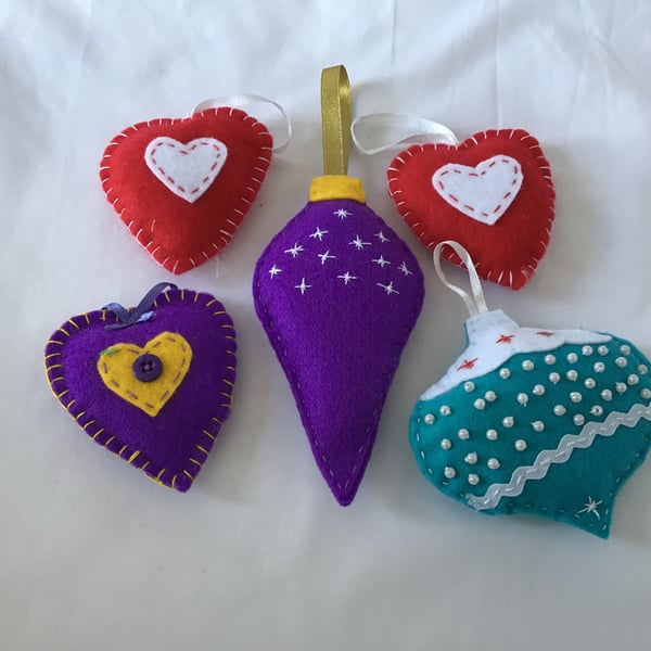 Five felt tree decorations 