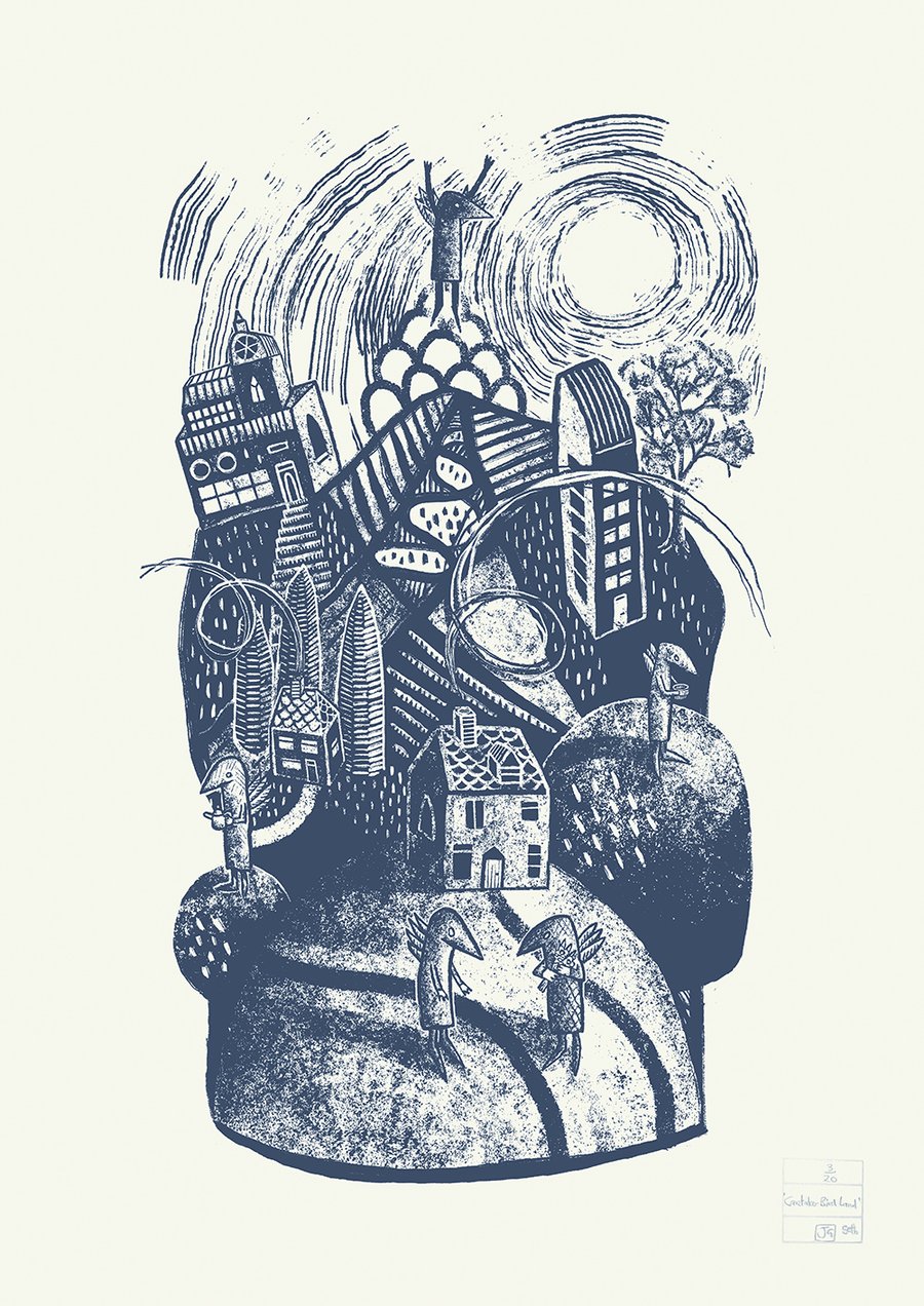 Caretaker Bird Land one-colour A2 screen-print (collab with Bev Seth)