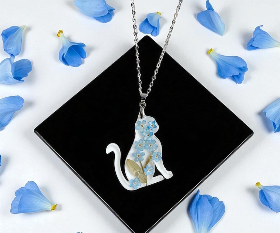 Cat memorial necklace with forget me not flowers Epoxy Resin pendant
