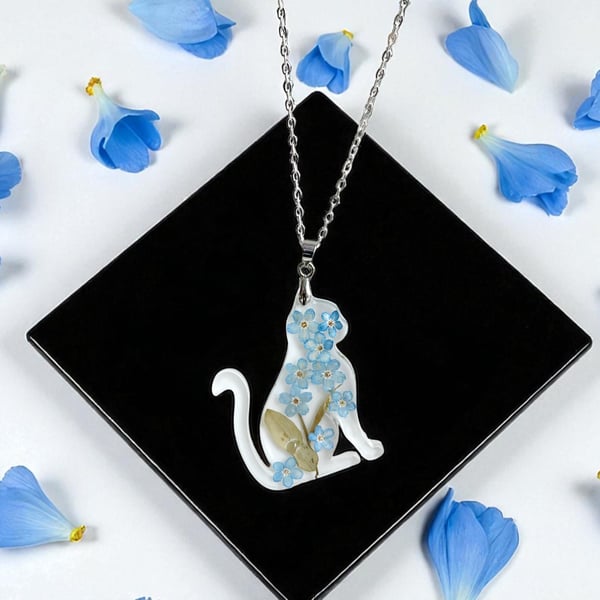 Cat memorial necklace with forget me not flowers Epoxy Resin pendant