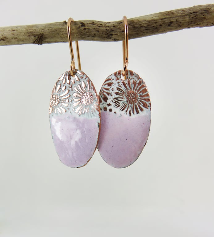 Copper Enamel Handmade Oval Daisy Textured Copper Dangle Earrings