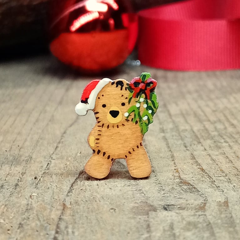 Handmade Christmas Mistletoe Bear Brooch, Wooden Christmas Pin, Festive Gift