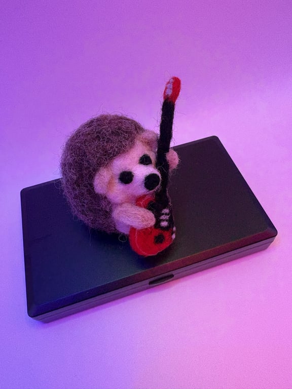 Handmade in Sheffield needle felted hedgehog. Brian May inspired (Queen Guitar)