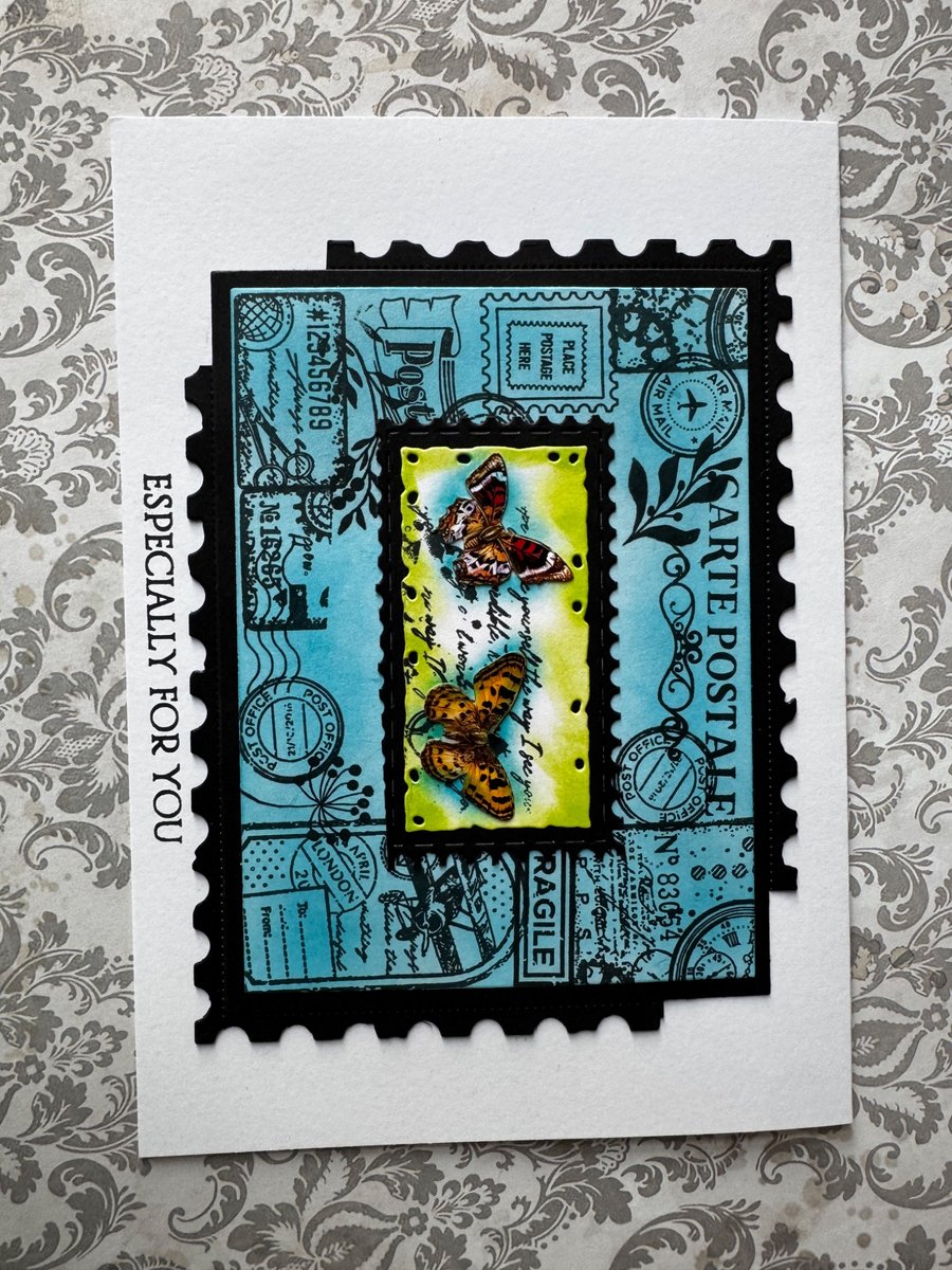 Handmade Vintage Postage Stamp & Butterfly Greeting Card - Blank Inside