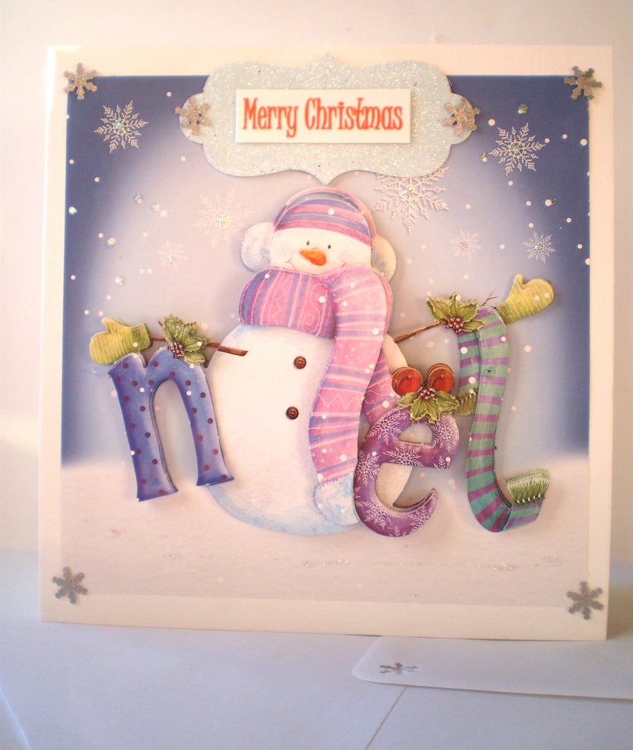 Christmas Decoupage Snowman Card,Personalise,Handmade