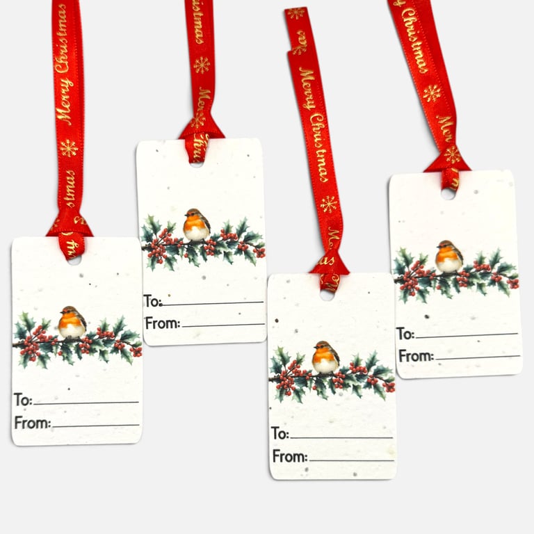 Set of 4 Plantable Christmas Gift Tags, Seed Paper, Robin & Holly Tags