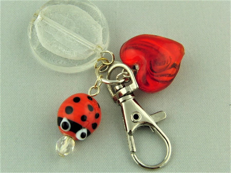 Red Glass Ladybird and Heart Bead and White Glass Coin Bead Bag Charm