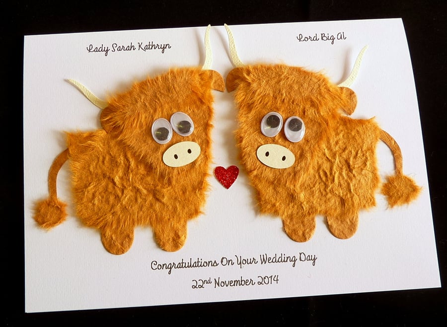 Handmade Personalised Highland Cow Card -Wedding or Anniversary