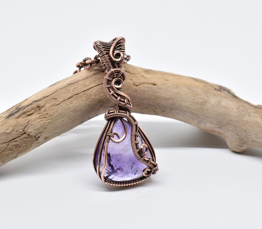 Faceted Amethyst and Copper Wire Wrapped Pendant