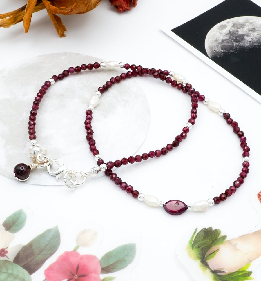 Garnet Necklace - Sterling Silver Freshwater Rice Pearl Gemstone Necklace 