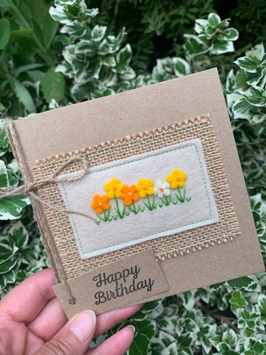 Handmade Birthday card. Yellow and orange flowers from wool felt. Keepsake card.