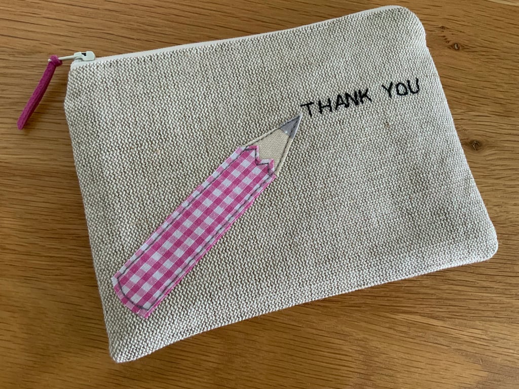 Zipped Purse, Cosmetic Bag, Pencil Applique, Teachers Gift, Thank you Gift