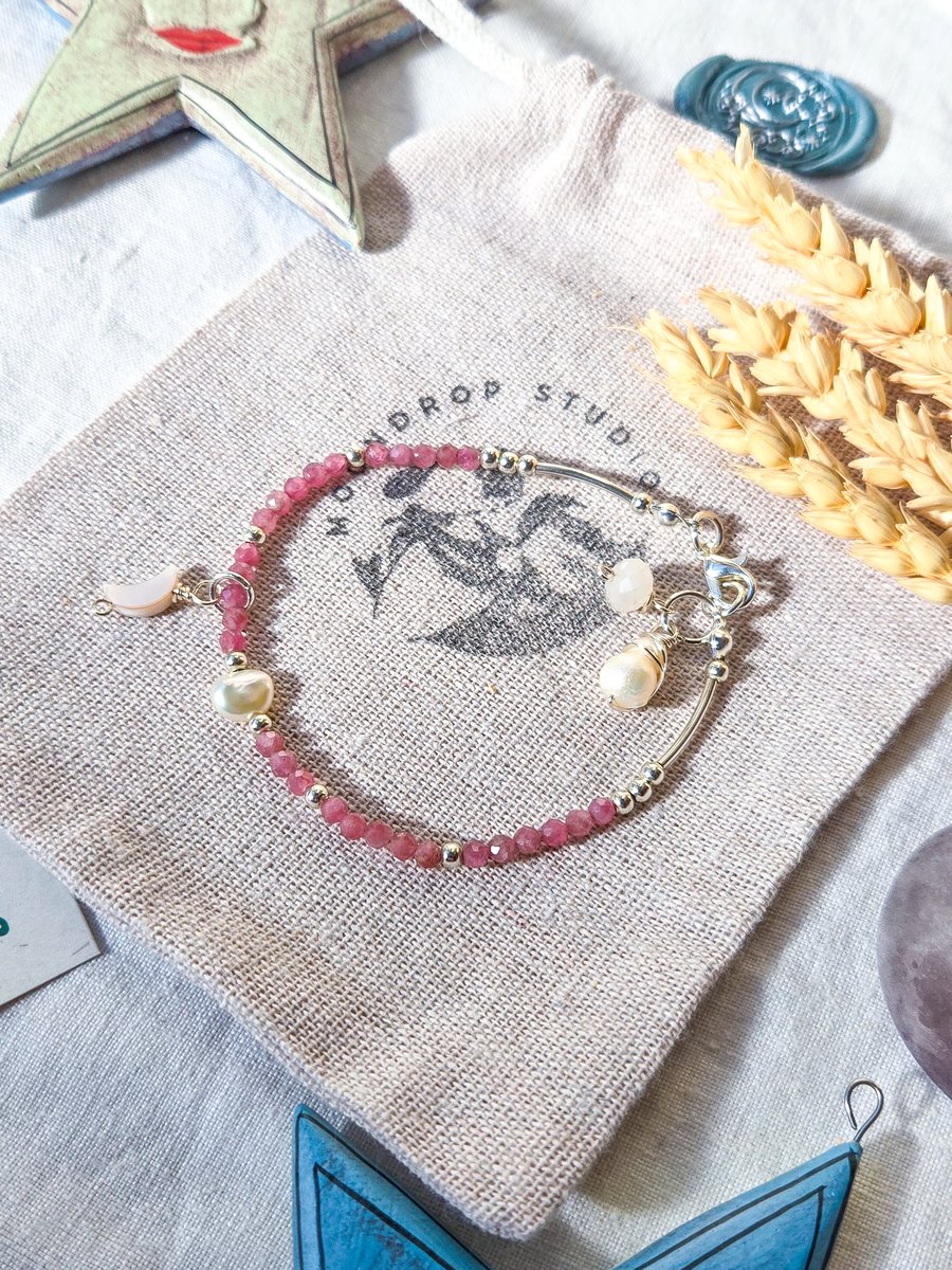 Pink Tourmaline Gemstone Beaded Celestial Sterling Silver Bracelet, Gift for Mum