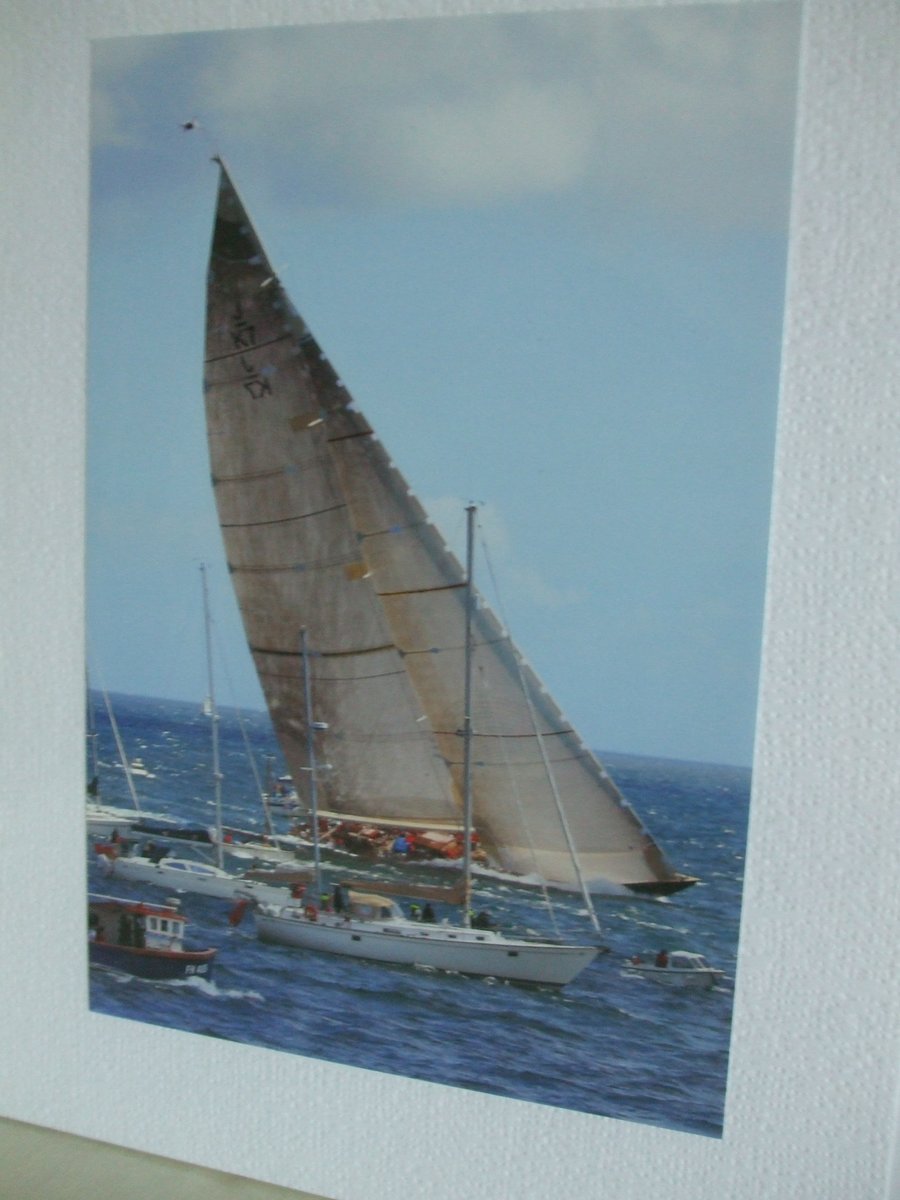 Photographic greetings card of a 'J' class racing yacht, Velsheda.