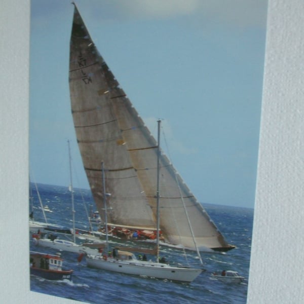 Photographic greetings card of a 'J' class racing yacht, Velsheda.