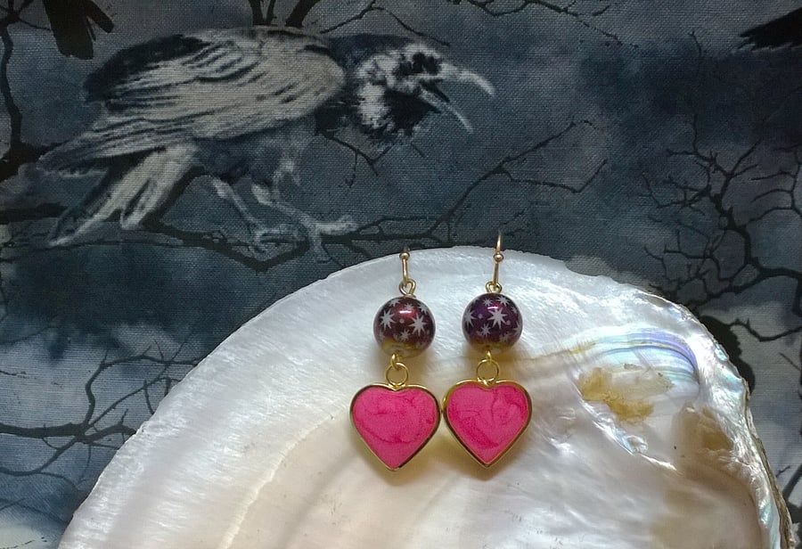 Pink Hearts and Starry Skies Earrings