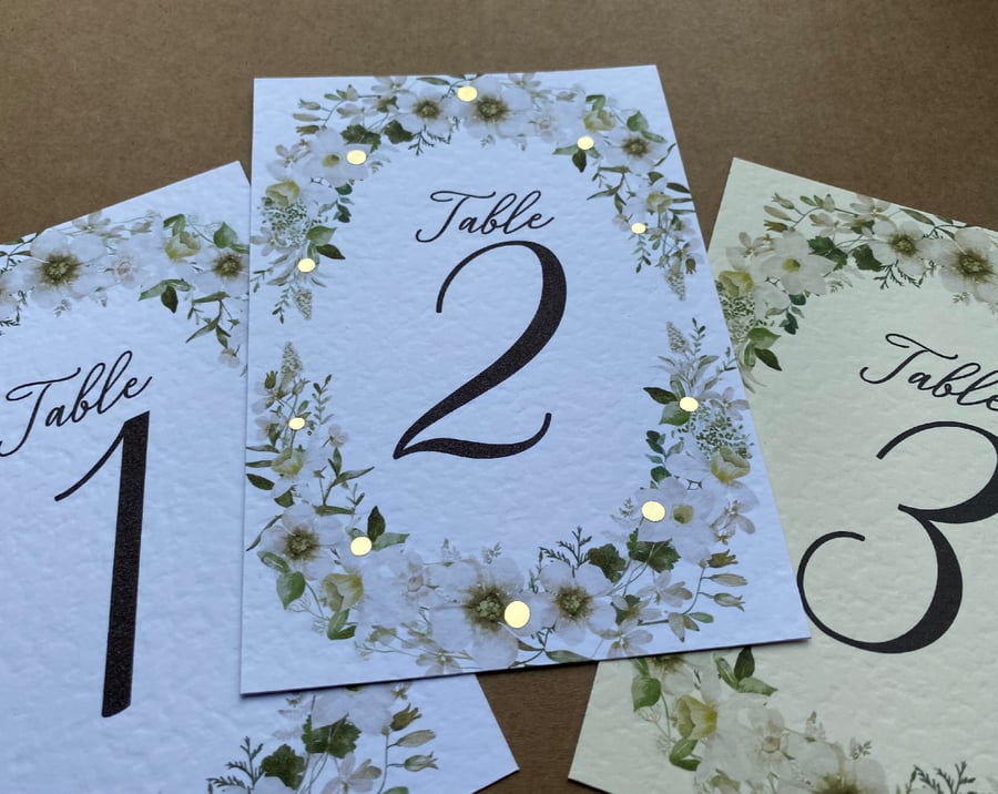 Forest greenery TABLE NUMBERS white wild flowers card wedding foliage, leaves