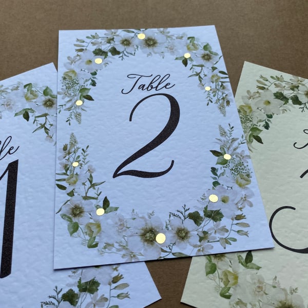 Forest greenery TABLE NUMBERS white wild flowers card wedding foliage, leaves