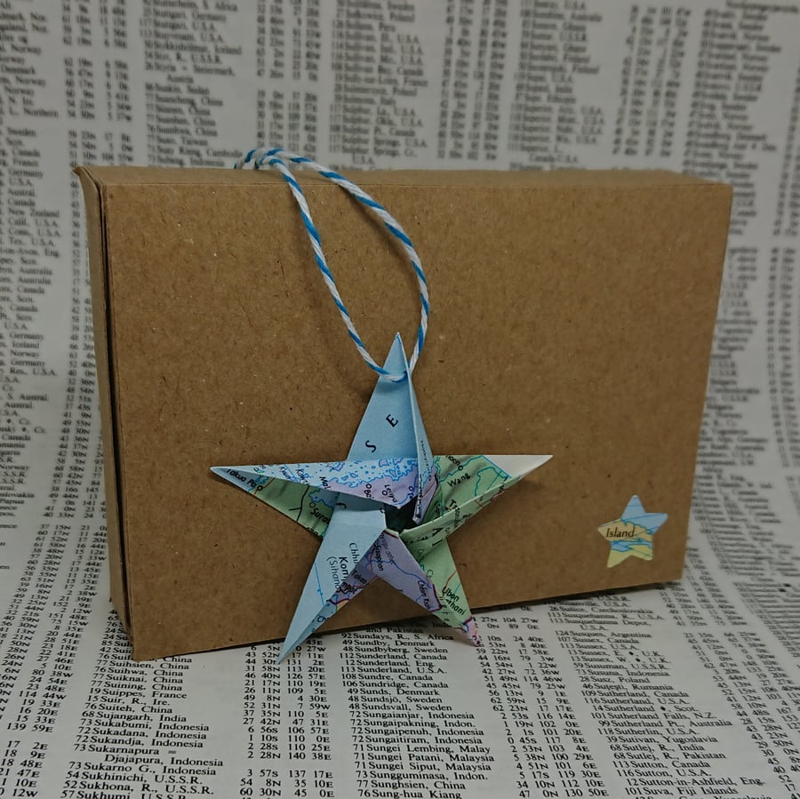 Origami Atlas Stars - 5 x 6 cm hanging upcycled paper stars, boxed