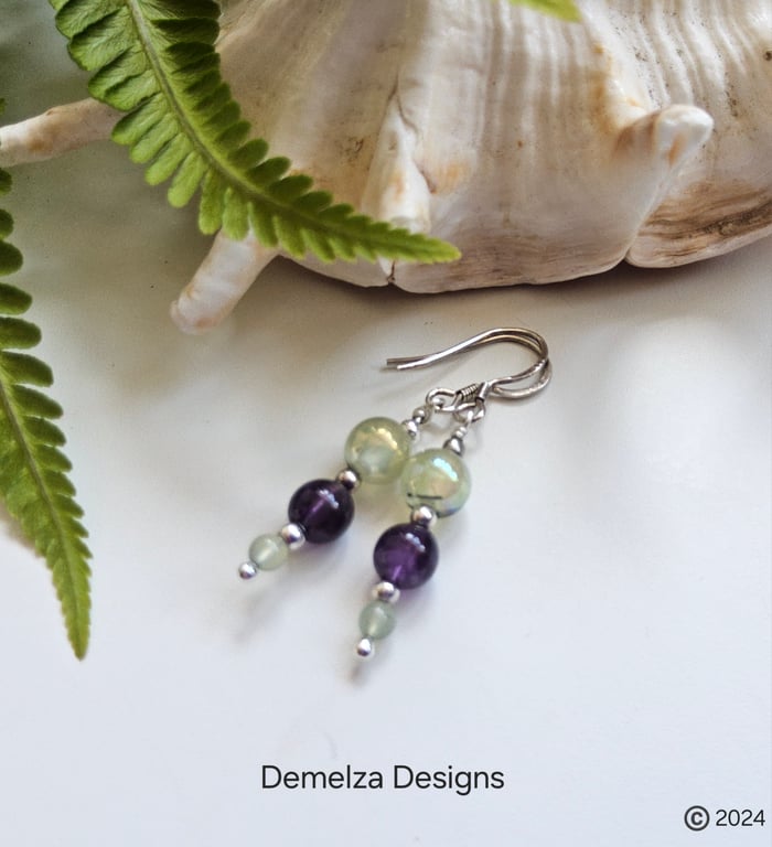 Dainty Zambian Amethyst & Prehnite Sterling Silver Earrings