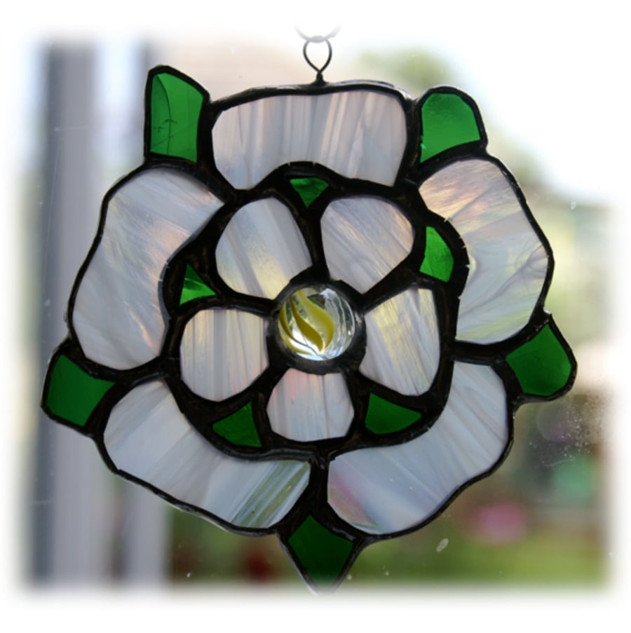Yorkshire Rose Suncatcher Stained Glass white Handmade 