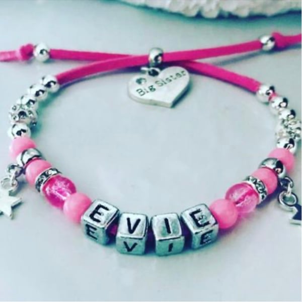 Cube initial beaded big sister charm bracelet suede effect corded bracelet 