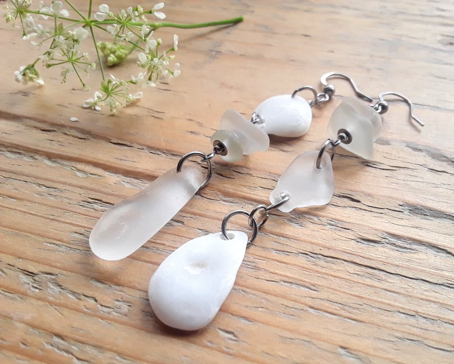 Beach Boho Dangle Earrings: Pearly White & Sea Spray