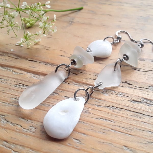 Beach Boho Dangle Earrings: Pearly White & Sea Spray