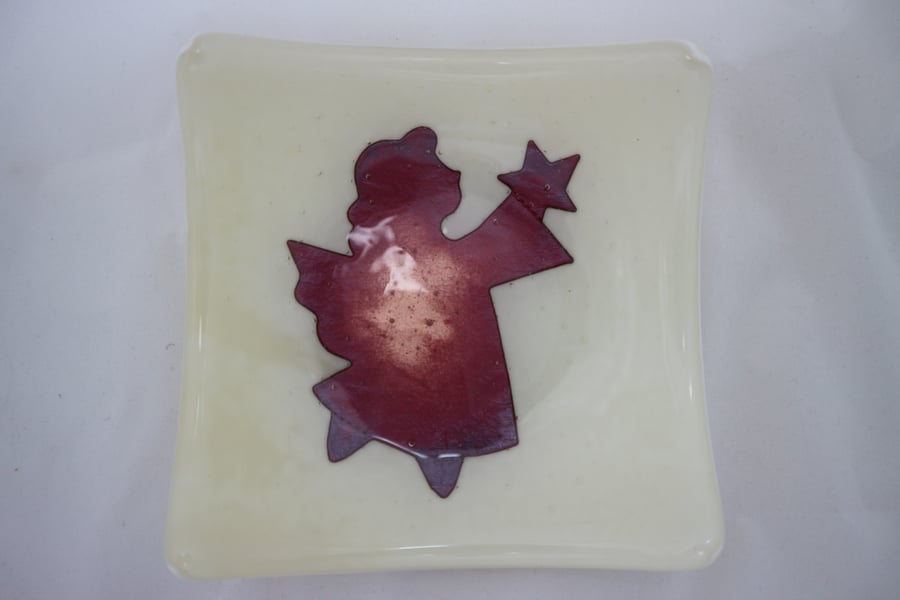 Handmade fused glass candy bowl - copper angel on vanilla cloud
