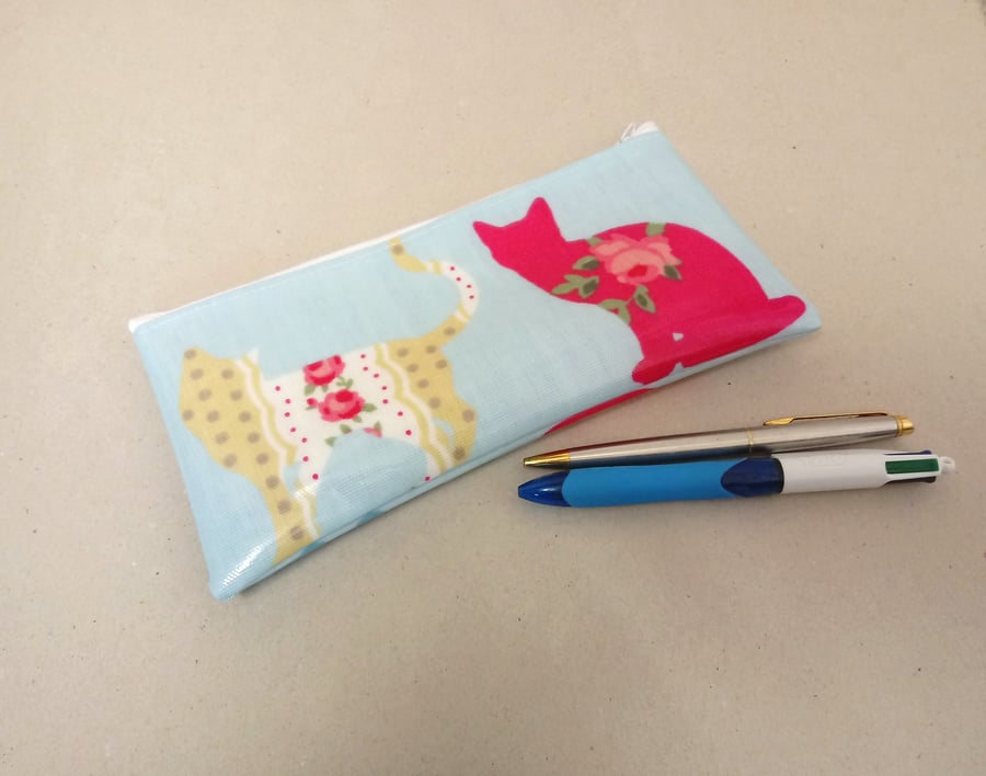 Pencil case in blue oilcloth with cats pattern, handmade pencil case