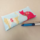 Pencil case in blue oilcloth with cats pattern, handmade pencil case