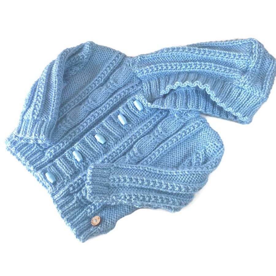 Hand knitted Boy's Aran Hooded Cardigan aged 6 - 12 months